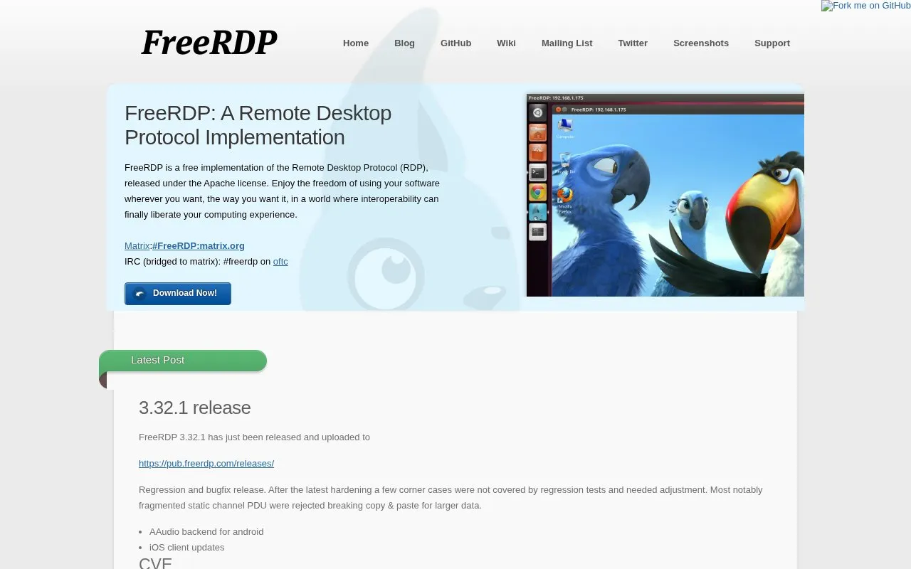 FreeRDP homepage screenshot