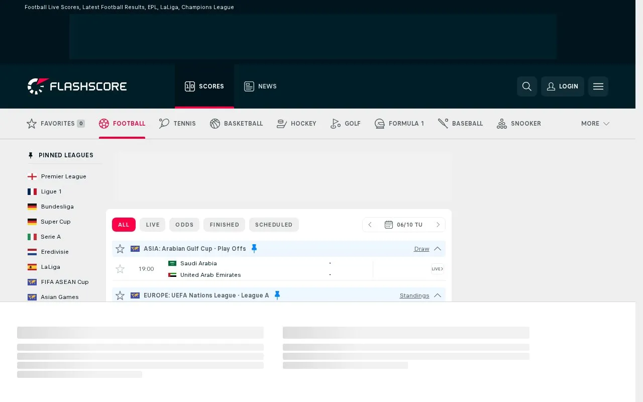 FlashScore homepage screenshot