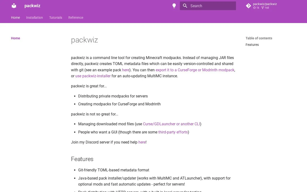 Packwiz homepage screenshot