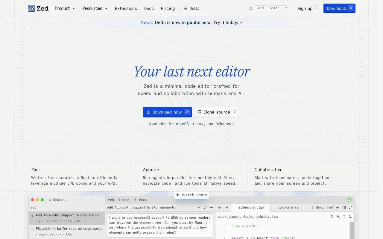 Zed homepage screenshot