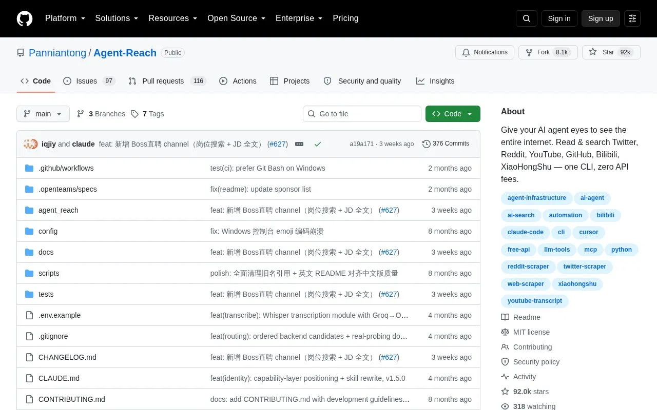 Agent Reach homepage screenshot