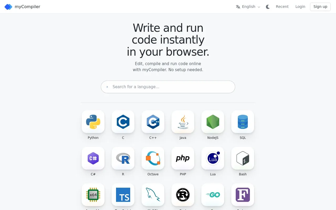 myCompiler homepage screenshot