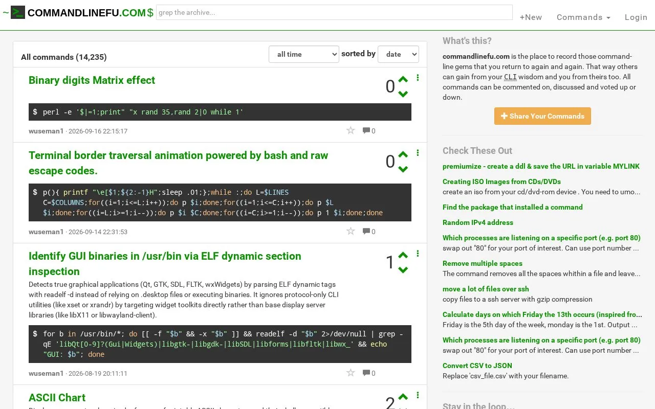 CommandlineFU homepage screenshot