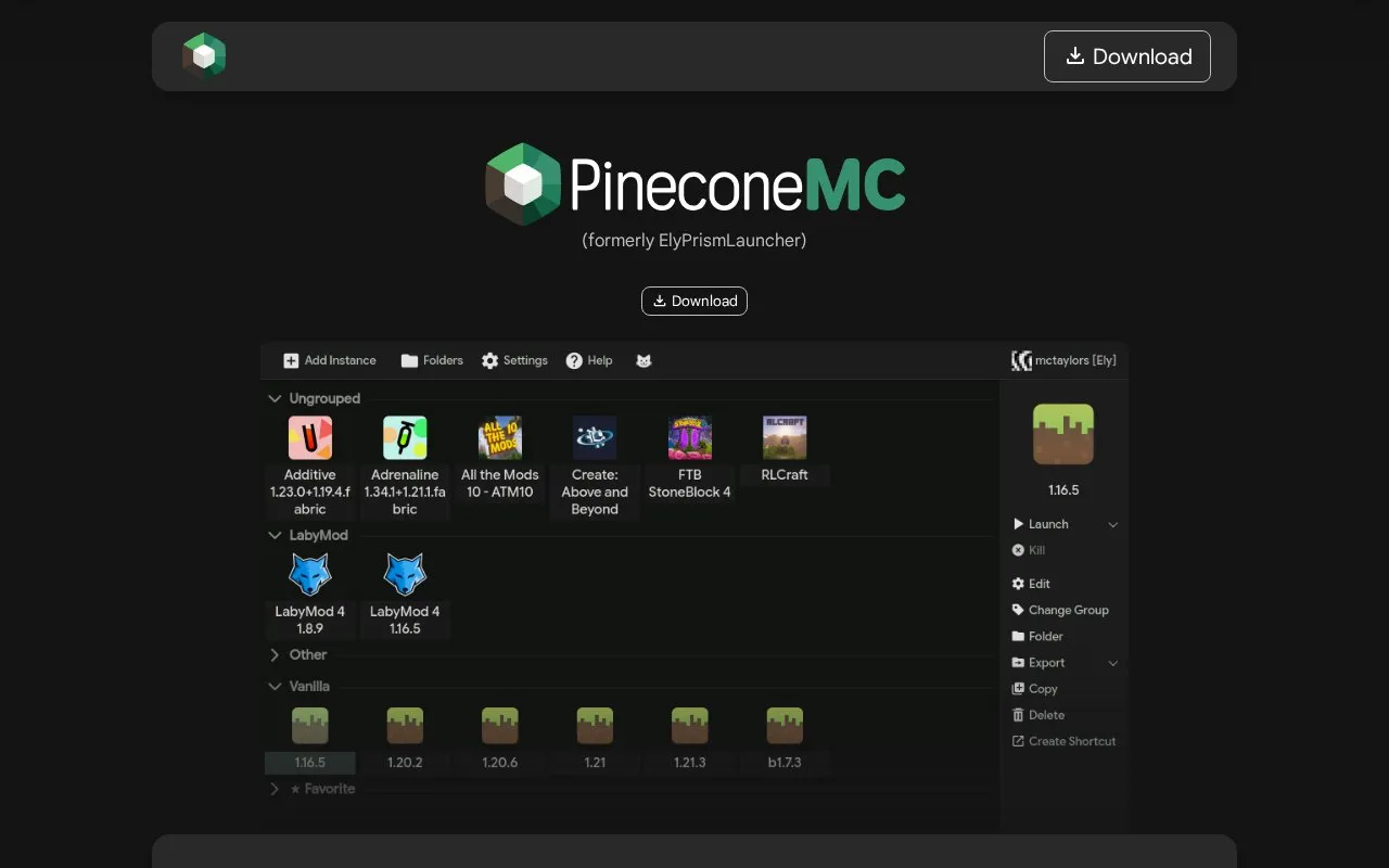 PineconeMC homepage screenshot
