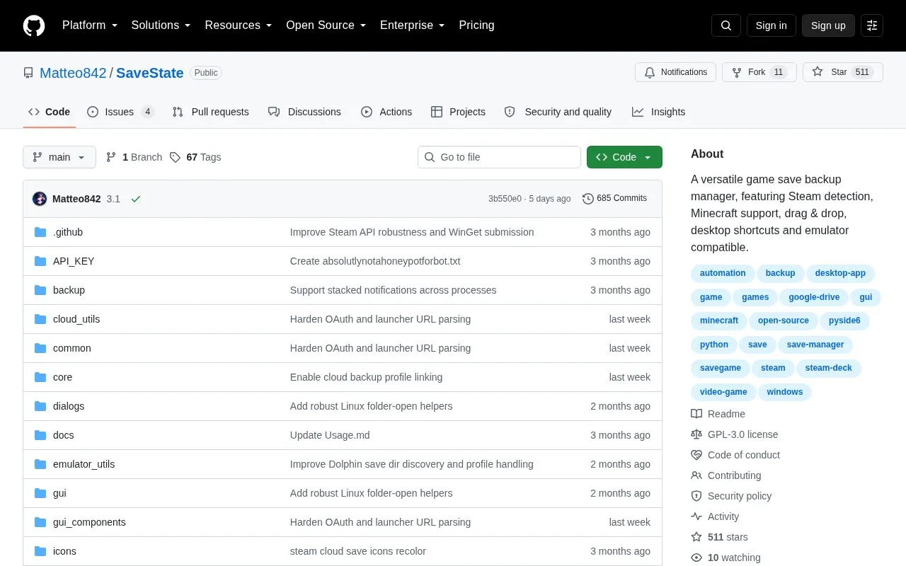 SaveState homepage screenshot