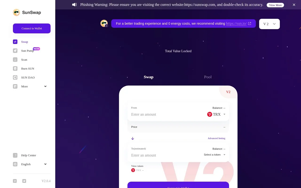 SUNSwap V3 homepage screenshot