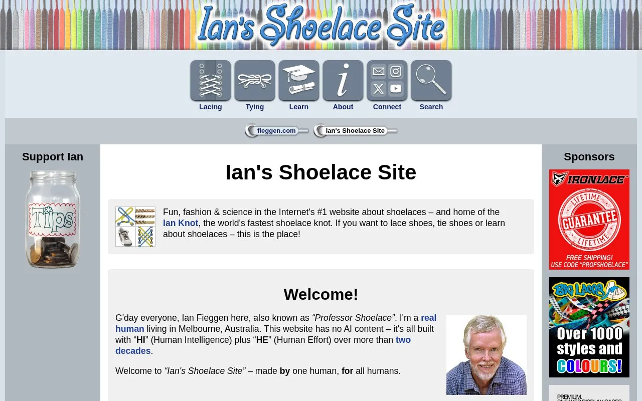 Ian's Shoelace Site homepage screenshot