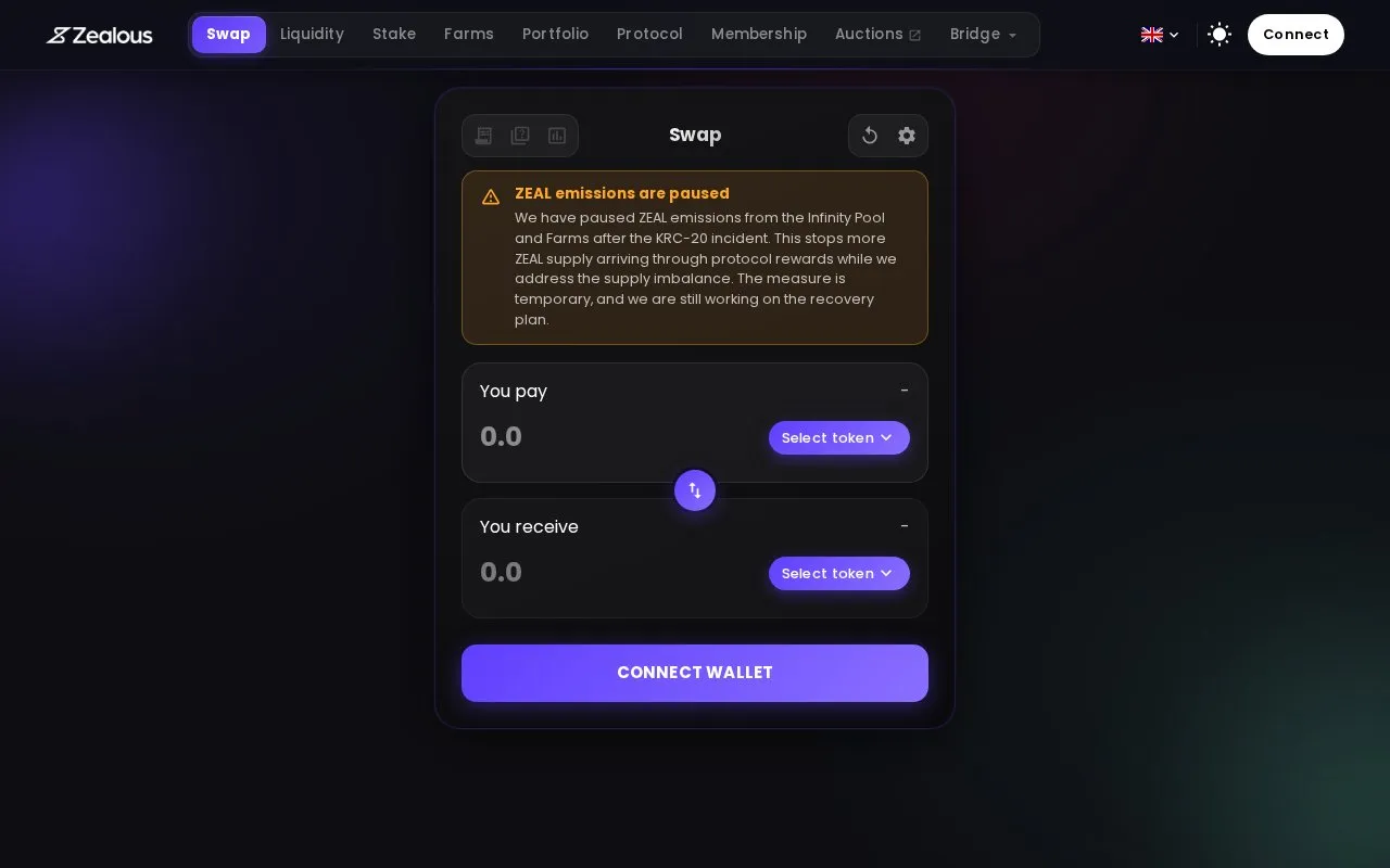 ZealousSwap homepage screenshot