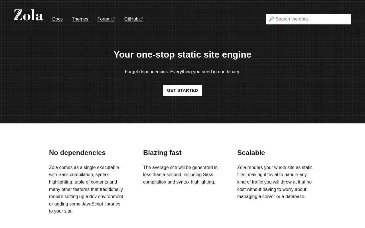 Zola homepage screenshot