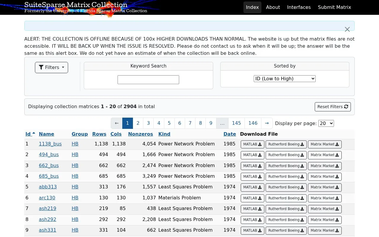 The SuiteSparse Matrix Collection homepage screenshot