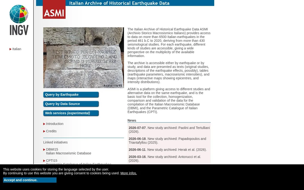 Archivio Storico Macrosismico Italiano homepage screenshot