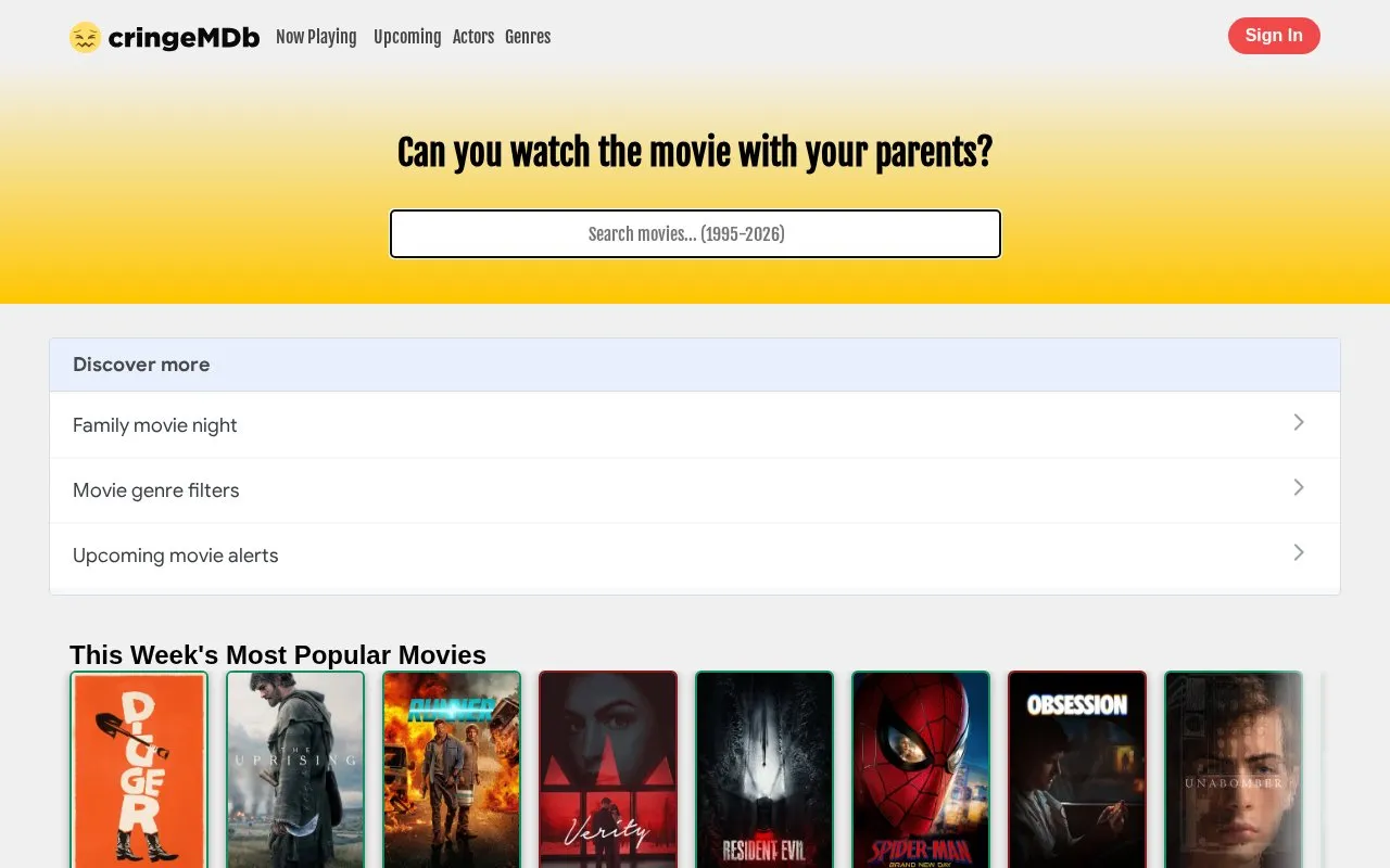 cringeMDb homepage screenshot
