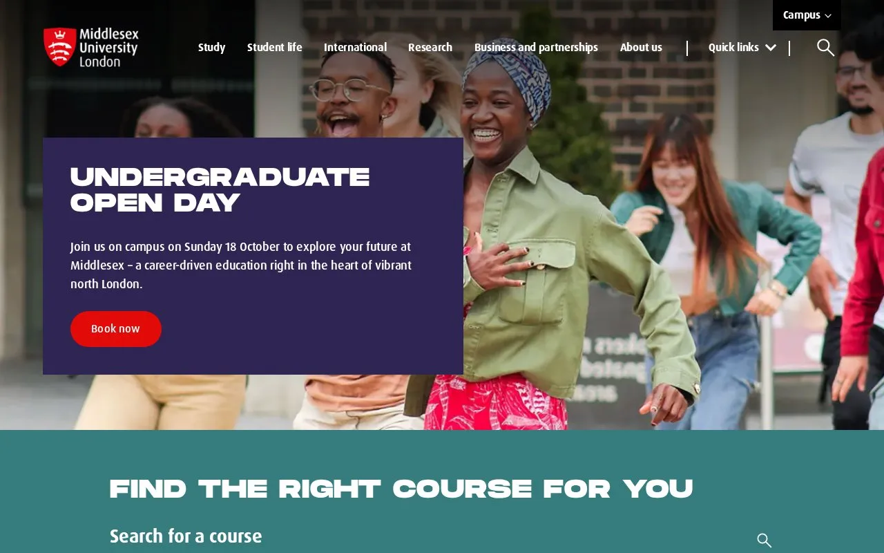 Middlesex University homepage screenshot