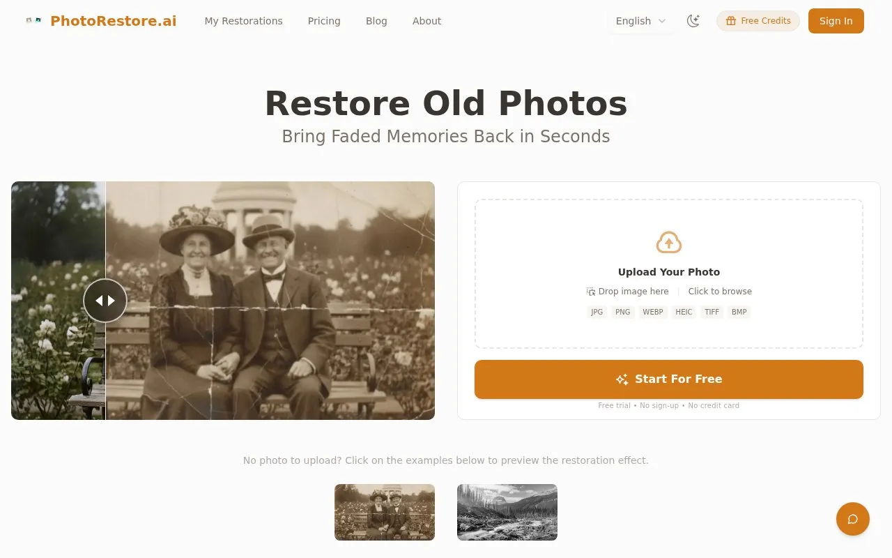 PhotoRestore.ai homepage screenshot