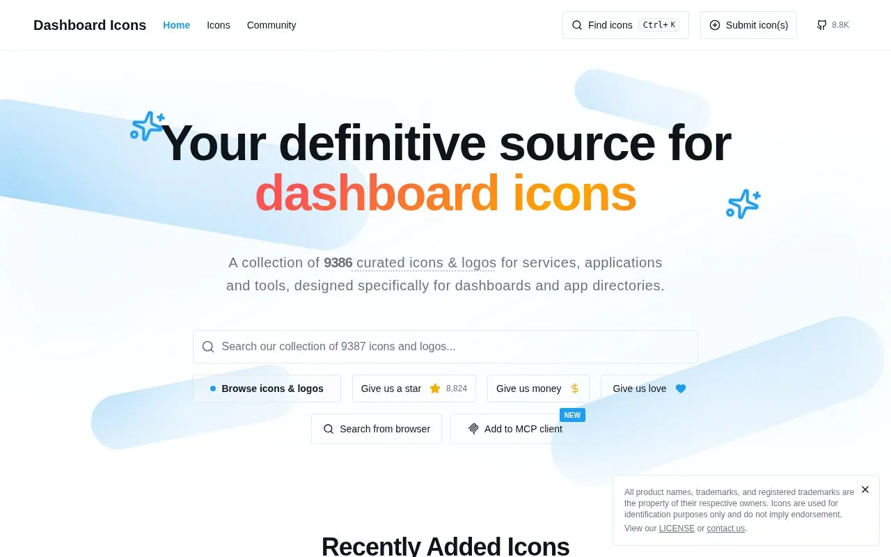 Dashboard Icons homepage screenshot