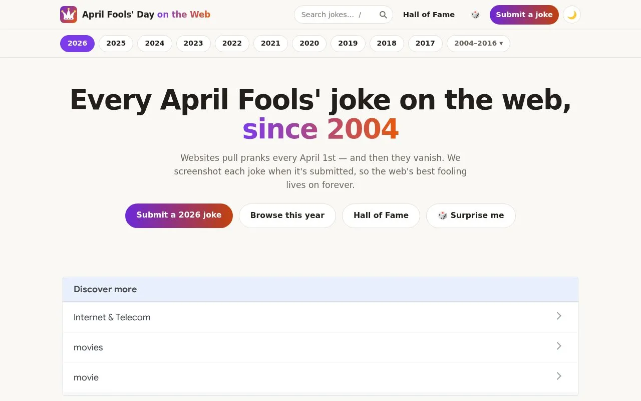 April Fools Day On The Web homepage screenshot