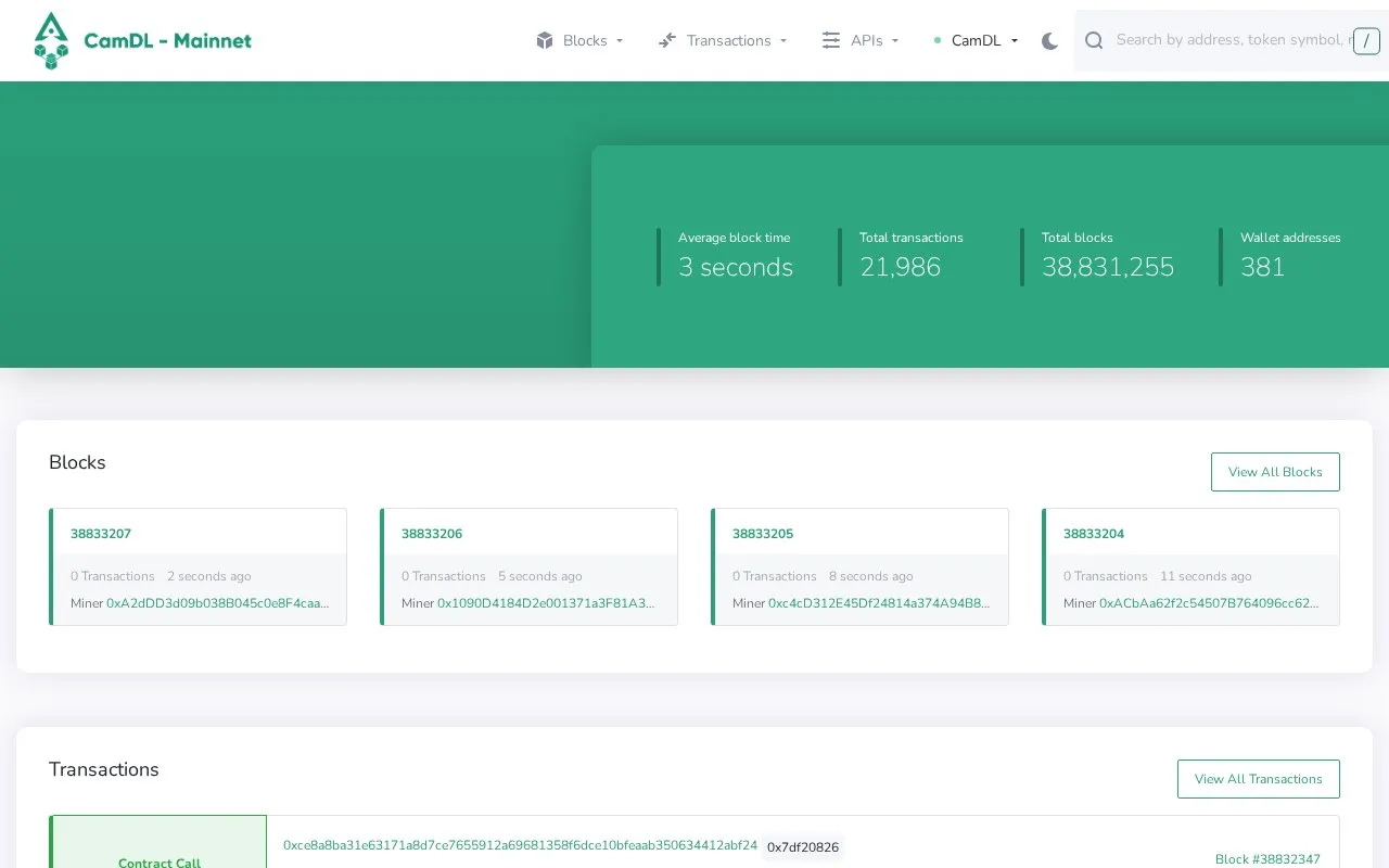 CamDL Mainnet — CamDL Block Explorer homepage screenshot