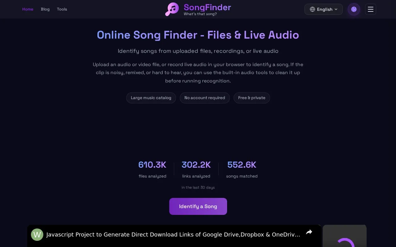 SongFinder homepage screenshot
