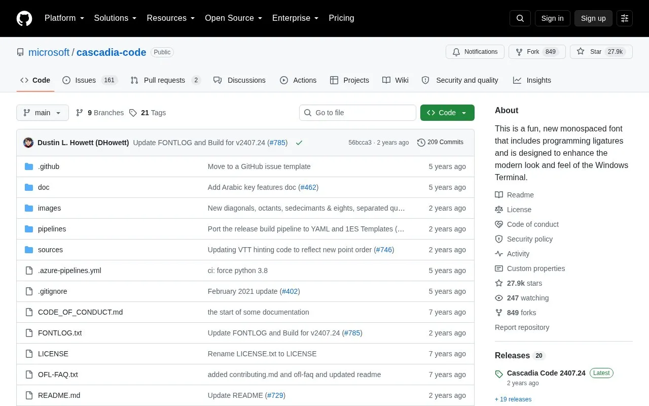 Cascadia Code homepage screenshot