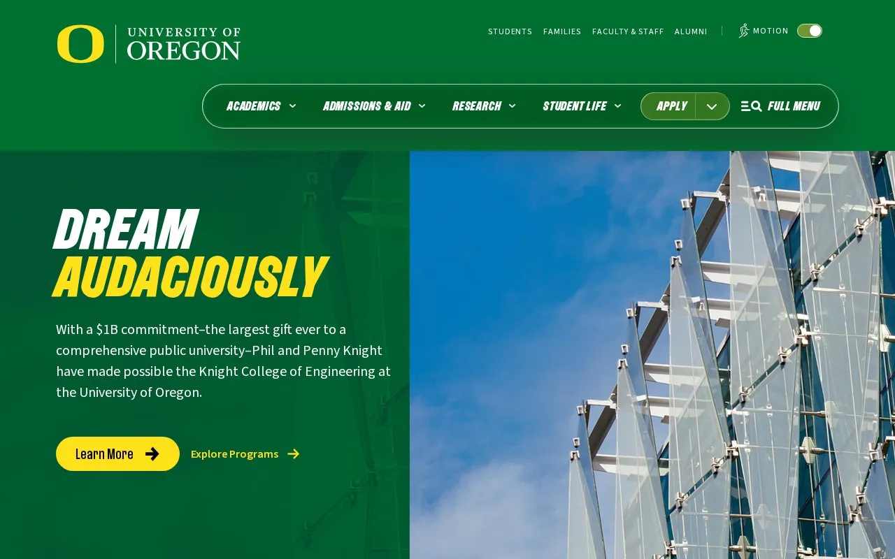University of Oregon homepage screenshot