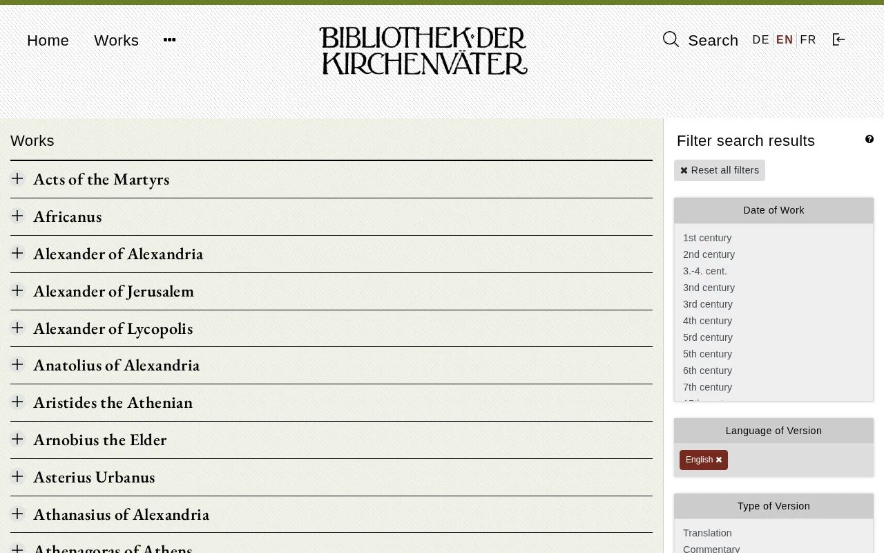 Bibliothek der Kirchenväter homepage screenshot
