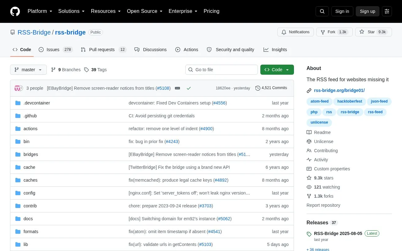 Rss Bridge homepage screenshot