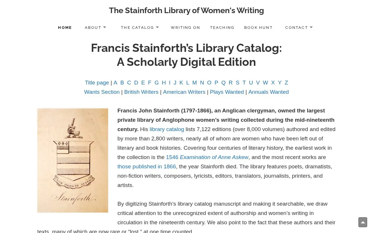 Stainforth Library of Women’s Writing homepage screenshot