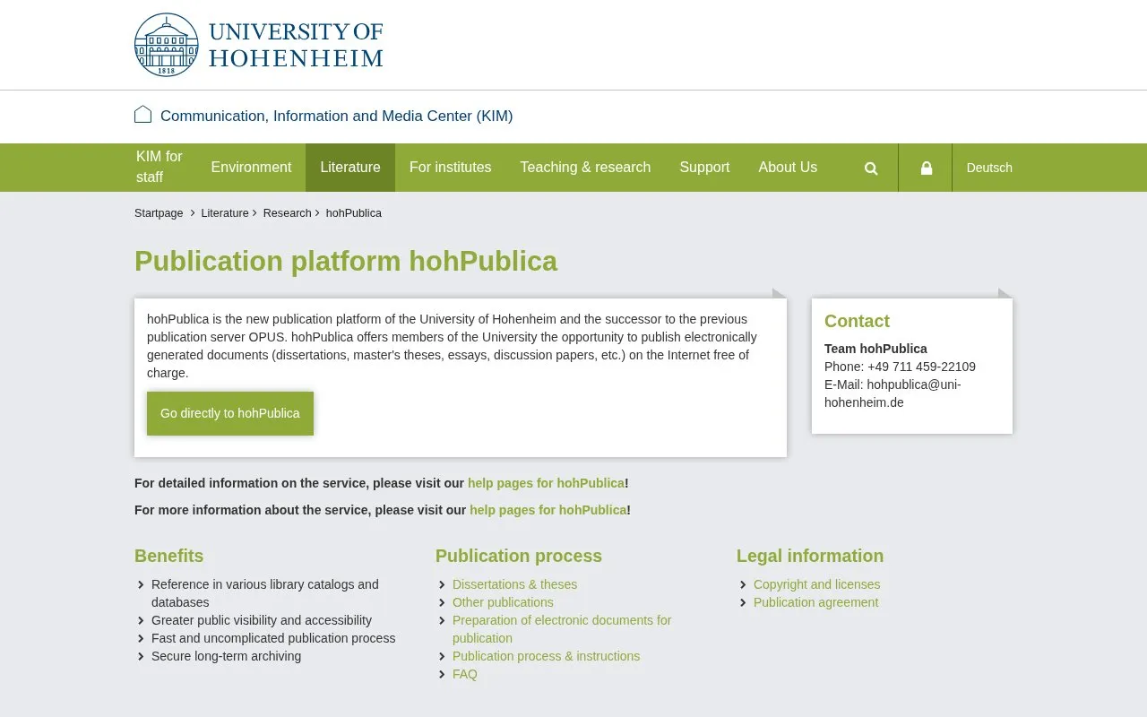 Elektronische Publikationen der Universität Hohenheim homepage screenshot