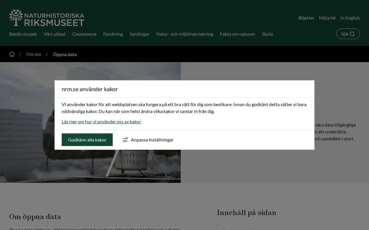 open data of the Swedish Museum of Natural History homepage screenshot