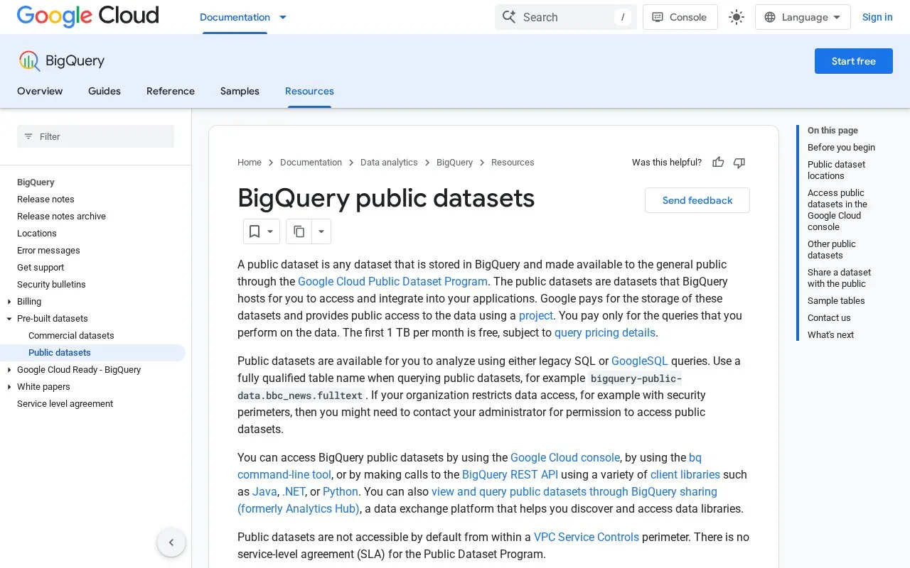 BigQuery public datasets homepage screenshot