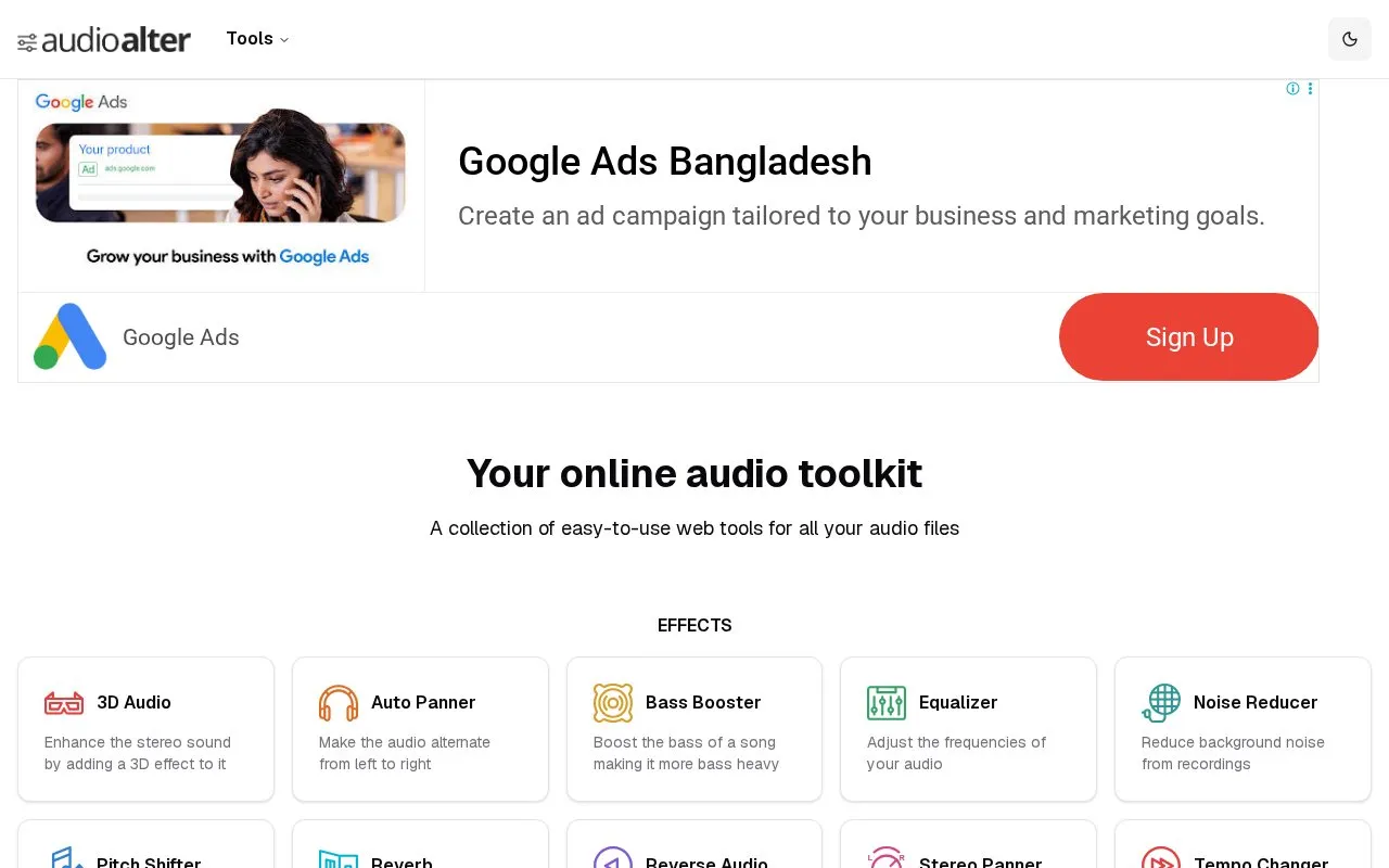 Audioalter homepage screenshot