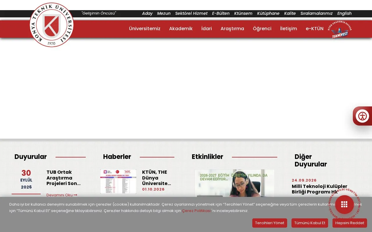 Konya Technical University homepage screenshot