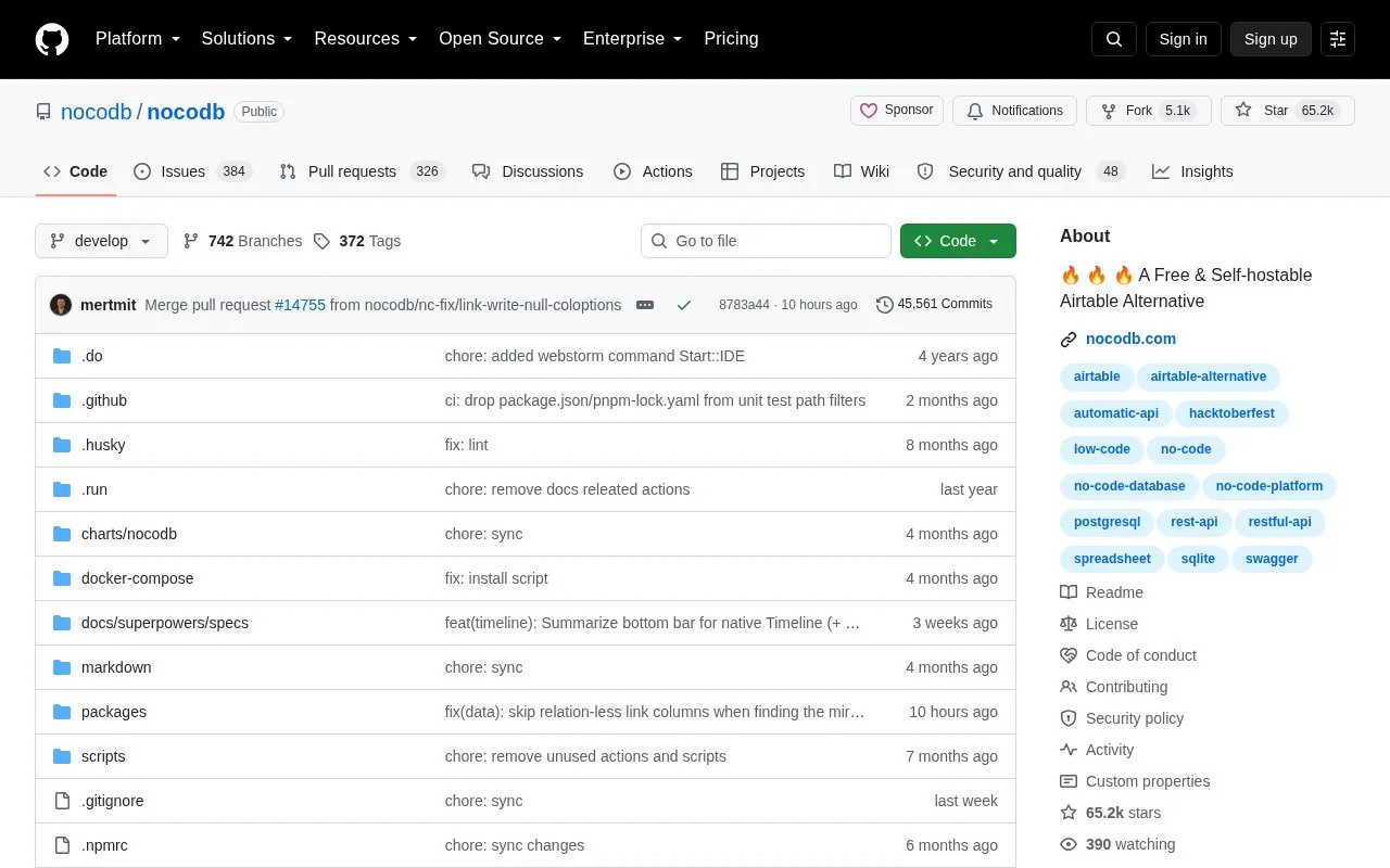NocoDB homepage screenshot
