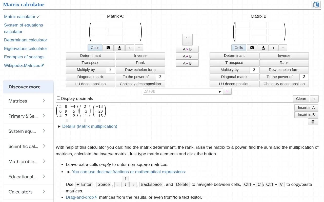 MatrixCalc homepage screenshot