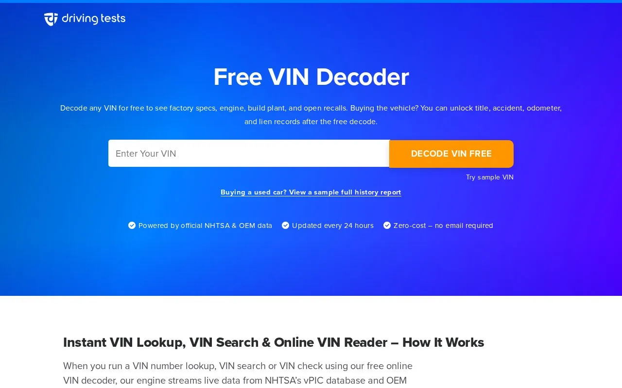 VIN Decoder & Lookup homepage screenshot