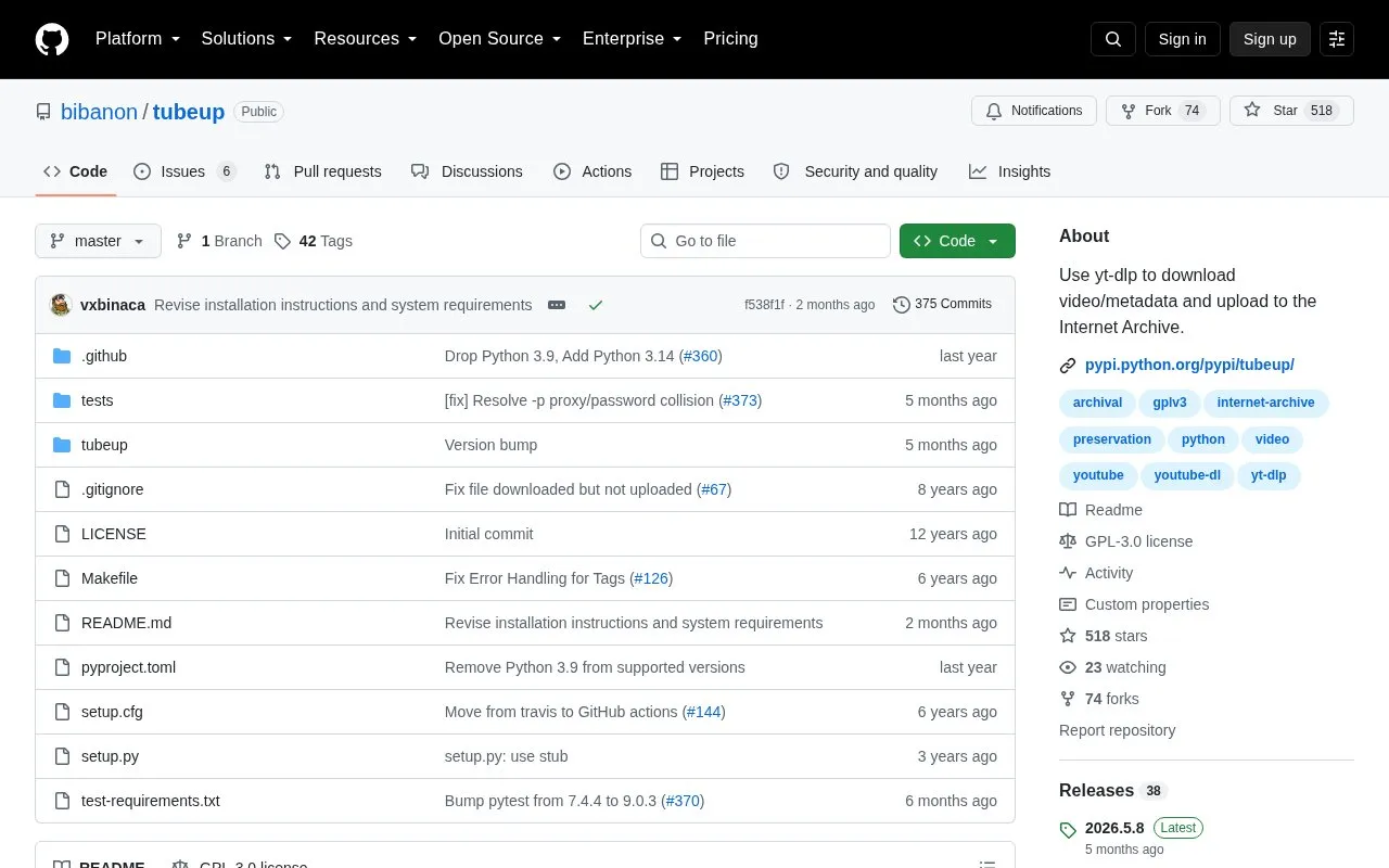 Tubeup homepage screenshot
