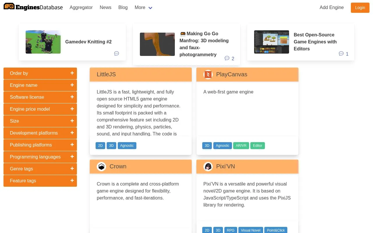 EnginesDatabase homepage screenshot