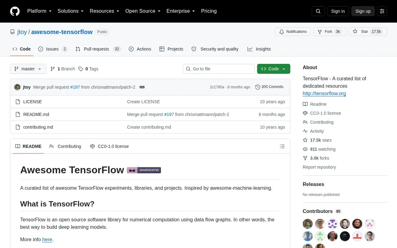 Awesome TensorFlow homepage screenshot