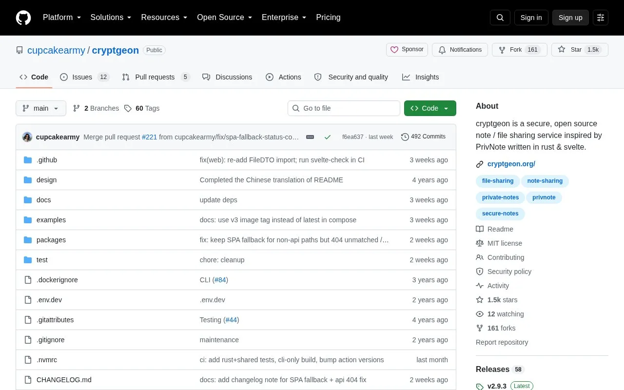 cryptgeon homepage screenshot