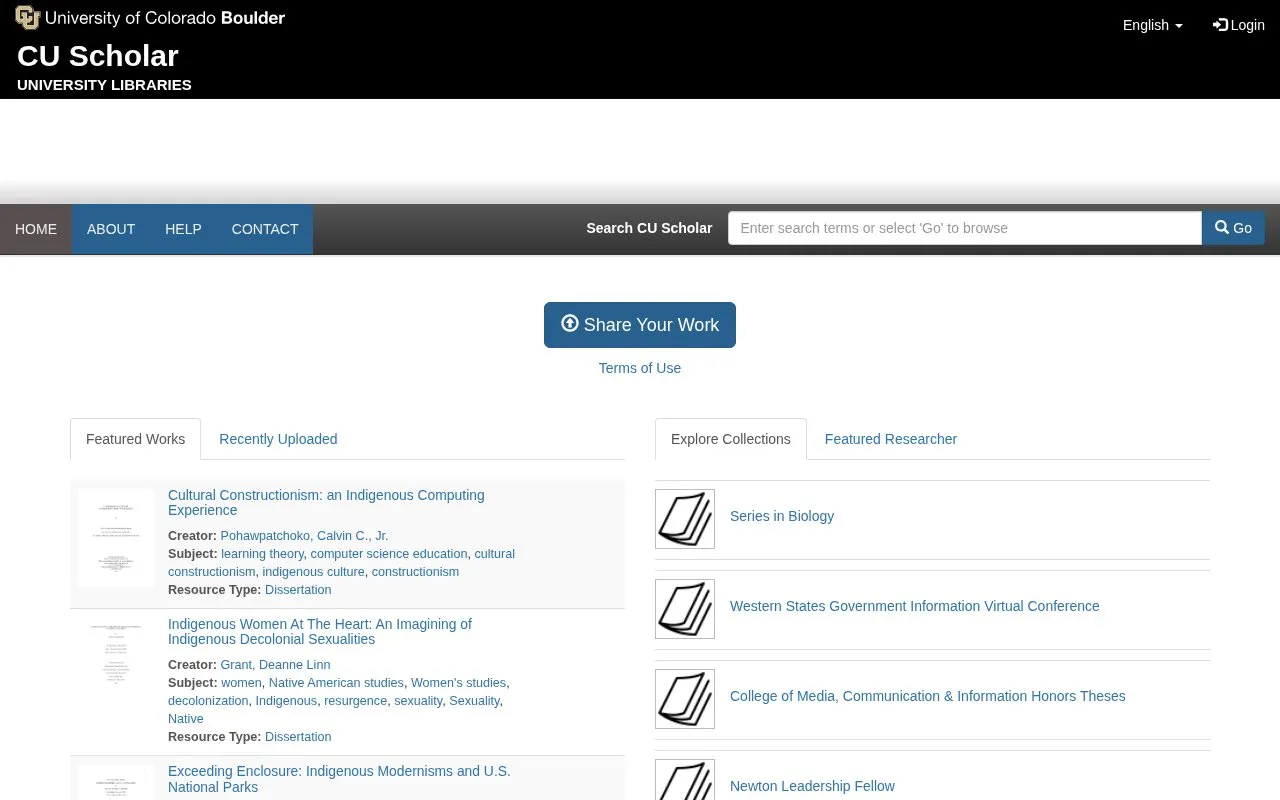 CU Scholar homepage screenshot
