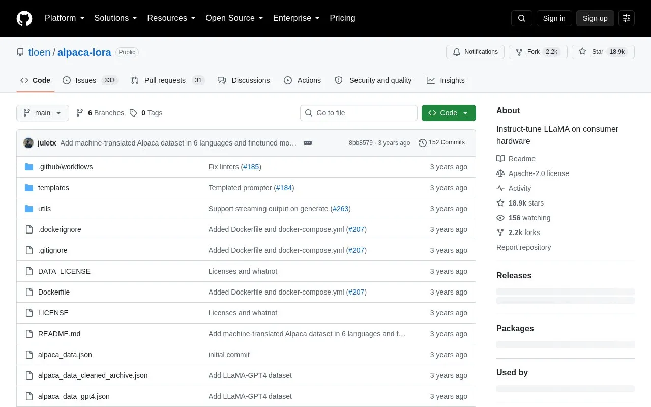 alpaca-lora homepage screenshot