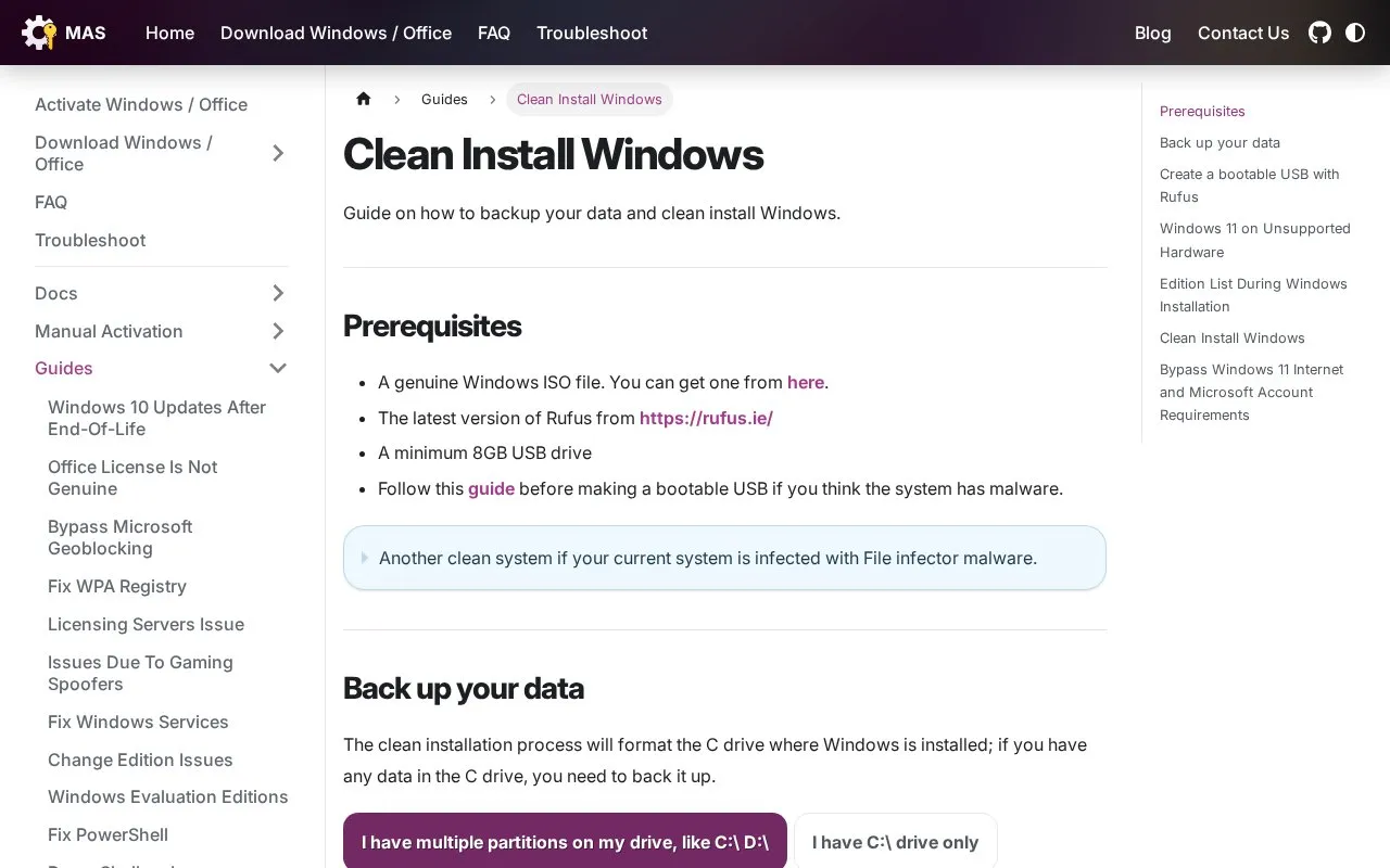 Clean Install Windows Guide homepage screenshot