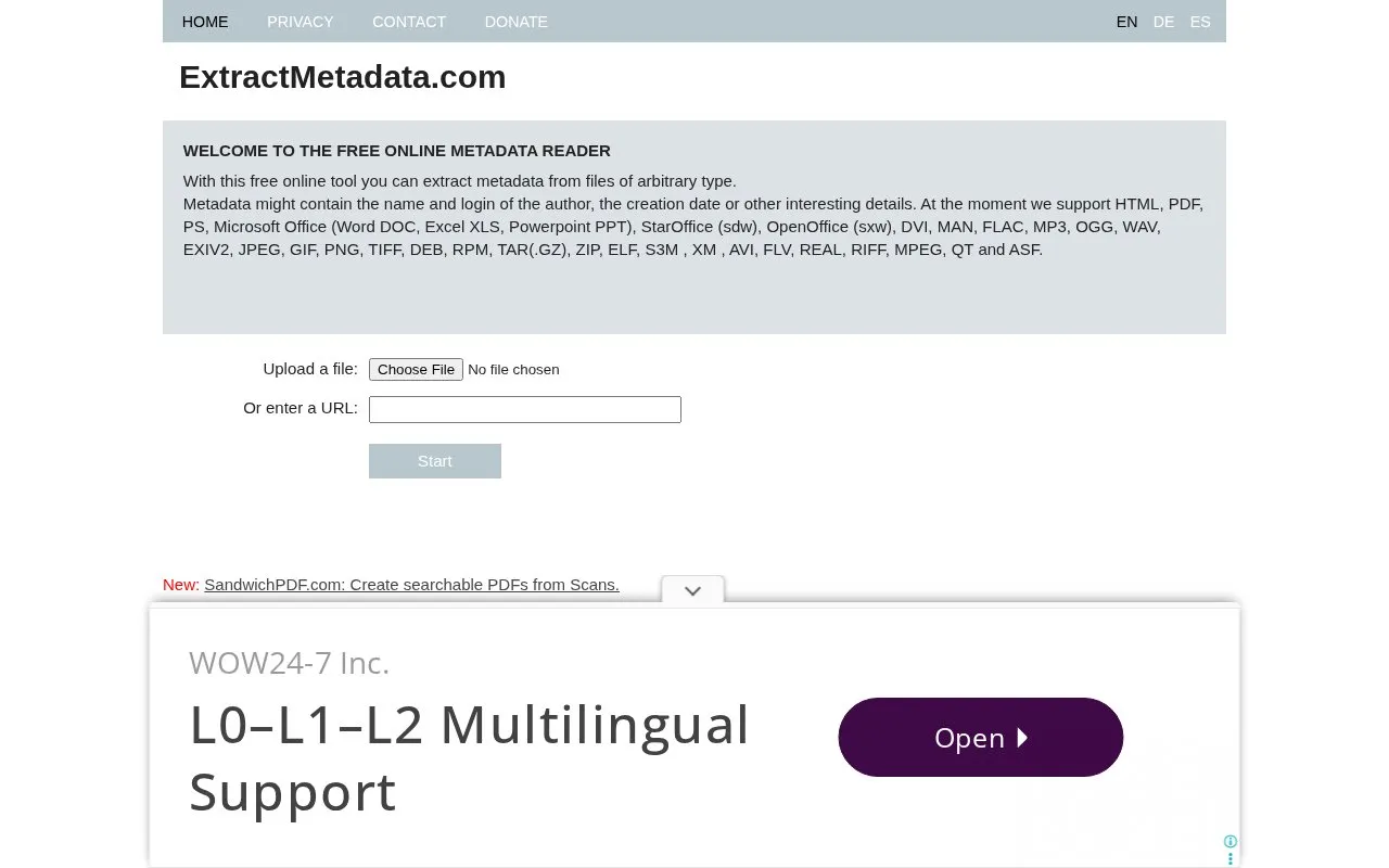 ExtractMetadata homepage screenshot