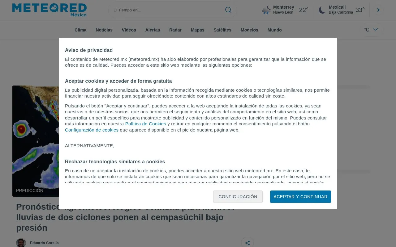 Meteored México homepage screenshot