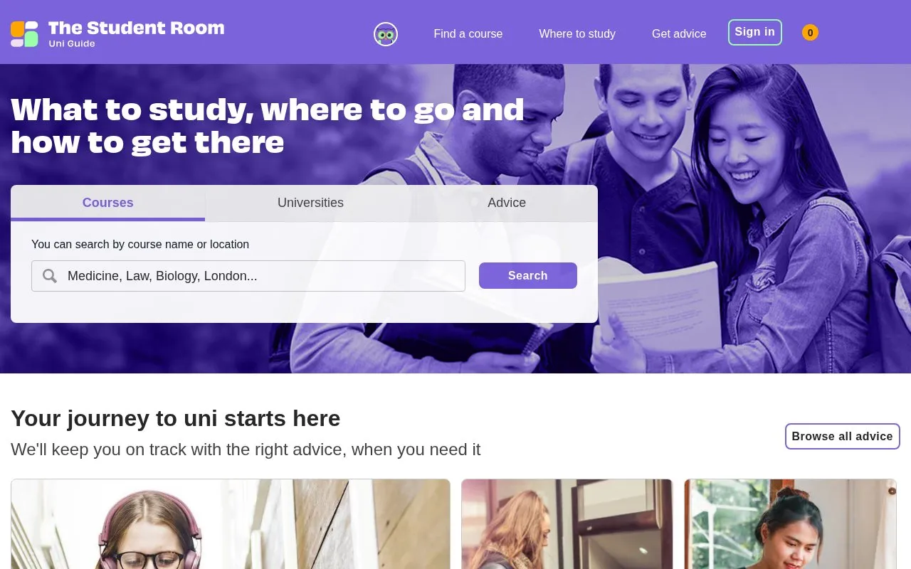TheUniGuide homepage screenshot
