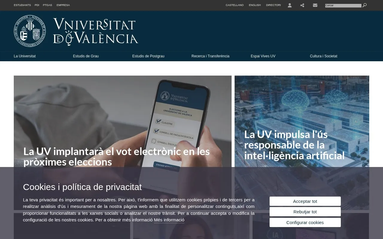 Universitat de València homepage screenshot