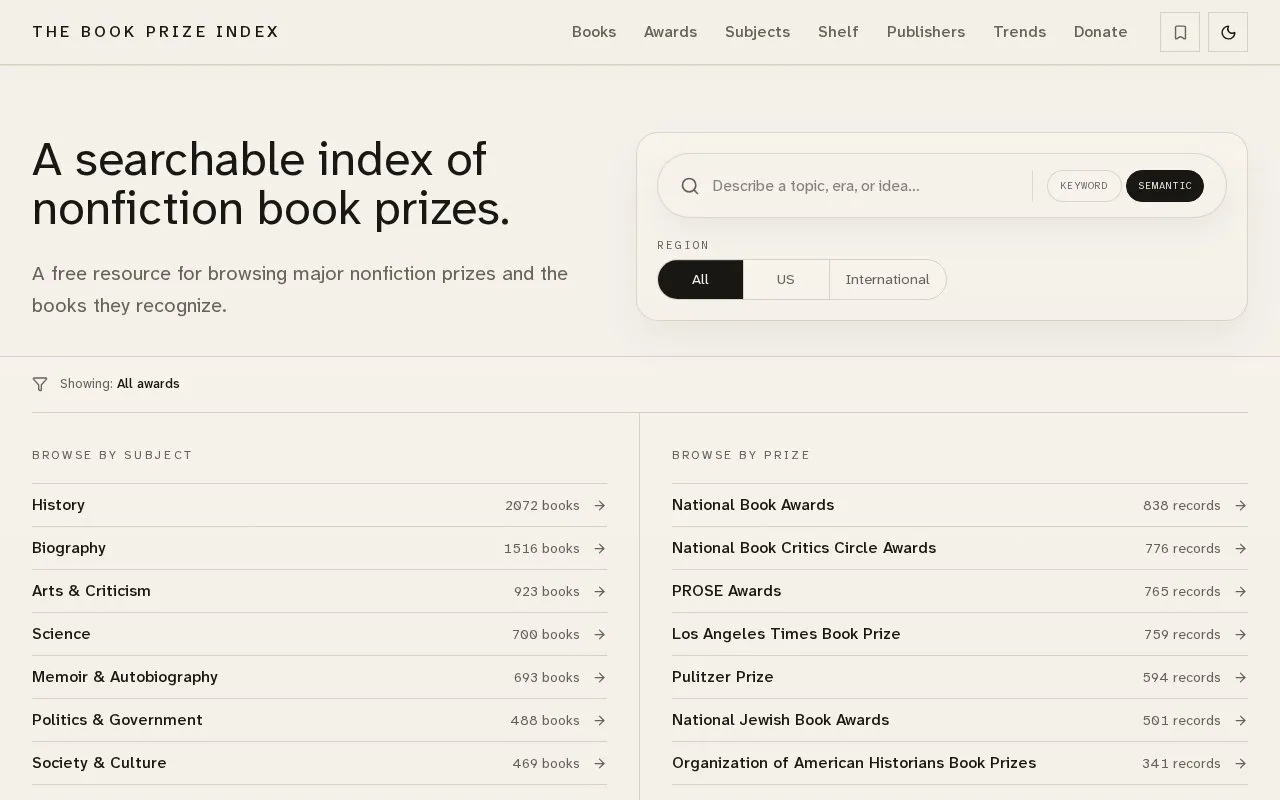 The Book Prize Index homepage screenshot