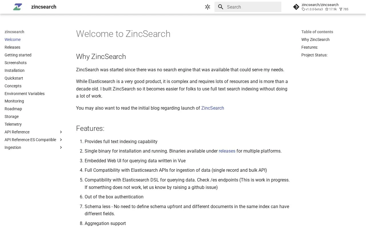 ZincSearch homepage screenshot