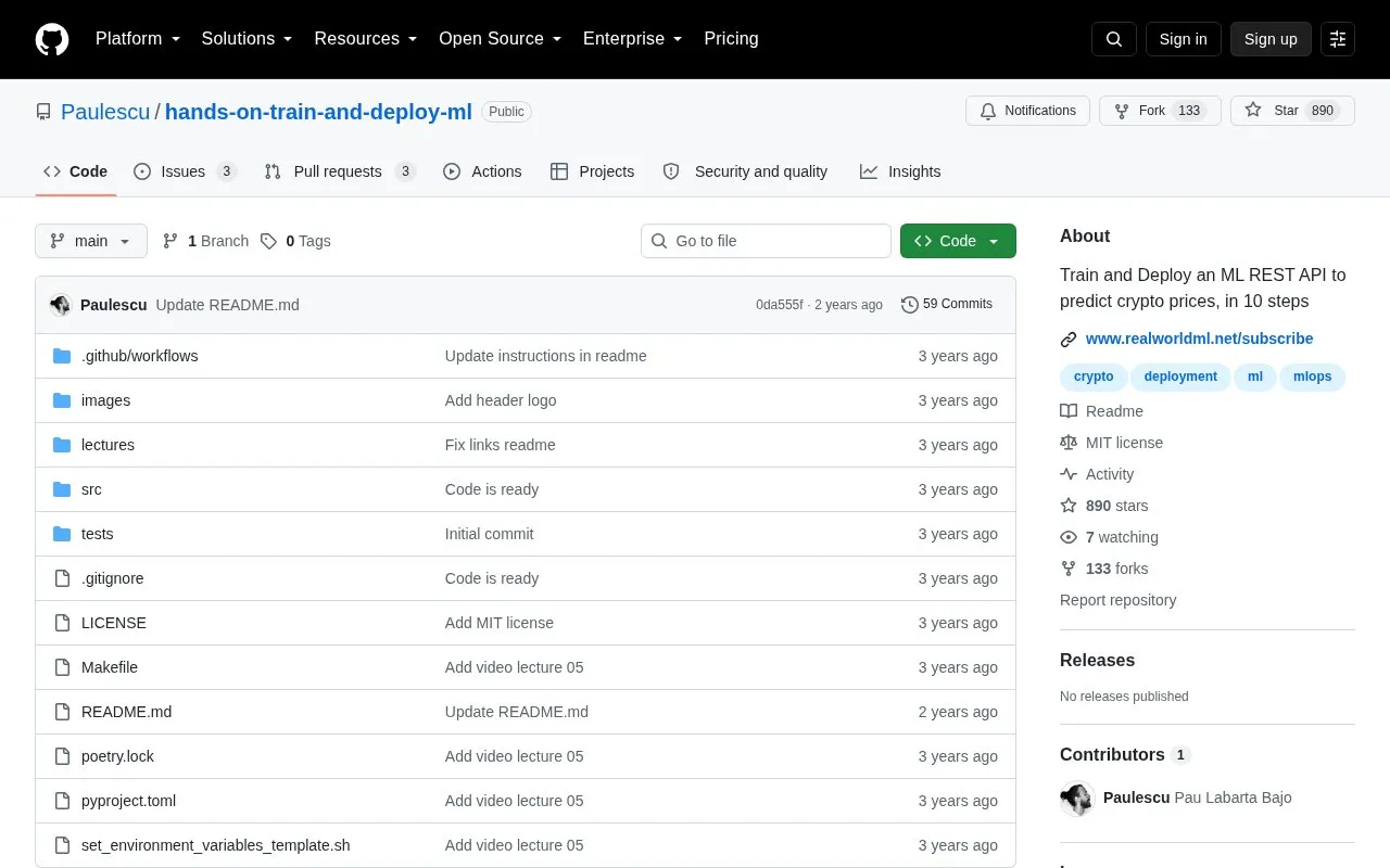 Hands-on Train and Deploy ML homepage screenshot