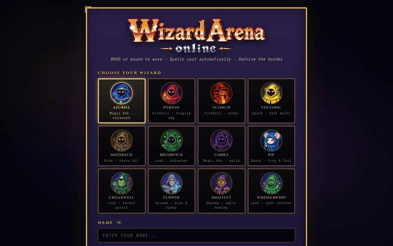 Wizard Arena Online homepage screenshot
